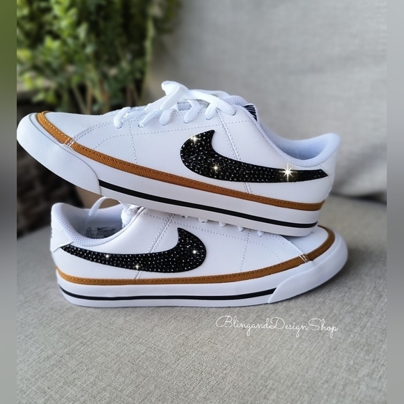 Bling Nike Court Legacy White Sneakers made with Black Crystals Custom Womens - Picture 2 of 7